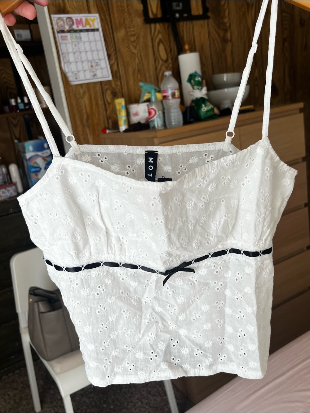 Motel Rocks White Eyelet Spaghetti Strap Tank with Black Label